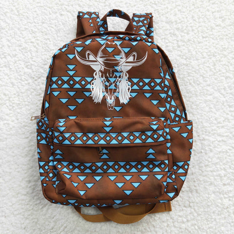 BA0048 Fashion Western Brown Skull Bull Backpack Bag