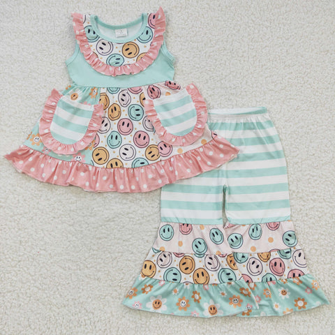 GSPO0503 Smiley Face Blue Stripe Sleeveless Pockets Girl's Set