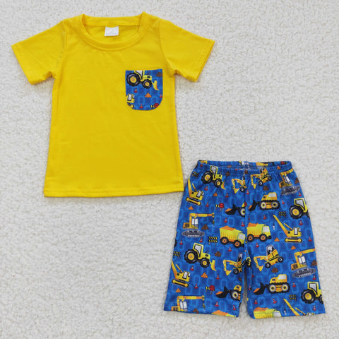 BSSO0183 Truck Tractor Yellow Blue Boy's Shorts Set