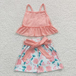 SALE GSSO0196 Summer Flower Pink Belt Girl's Shorts Set