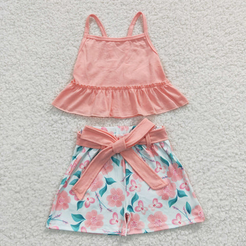 SALE GSSO0196 Summer Flower Pink Belt Girl's Shorts Set