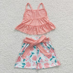 SALE GSSO0196 Summer Flower Pink Belt Girl's Shorts Set