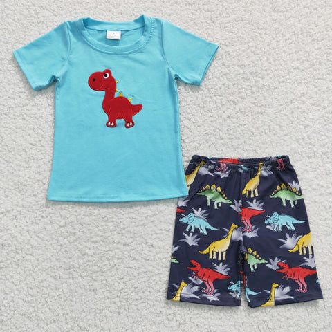 BSSO0184 Embroidery Dinosaur Sky Blue Boy's Shorts Set