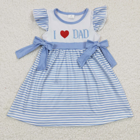 GSD0256 embroidery I love dad sky blue Stripe Bow Cute Girl's Dress