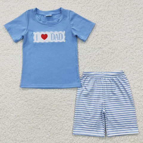 BSSO0172 Embroidery I love dad Sky Blue Stripe Boy's Shorts Set