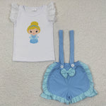 A4-3 Summer Princess Blue Overalls Shorts Girl's Set