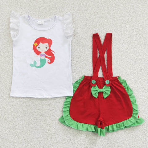 C3-11 Summer Princess Red Overalls Shorts Girl's Set