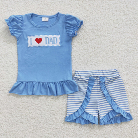 GSSO0187 Embroidery I love dad sky blue Stripe Girl's Shorts Set