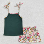 GSSO0217 Summer Flower Dark Green Girl's Shorts Set