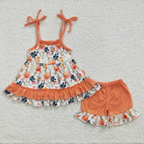 SALE GSSO0194 Flower Orange Ruffles Girl's Shorts Set