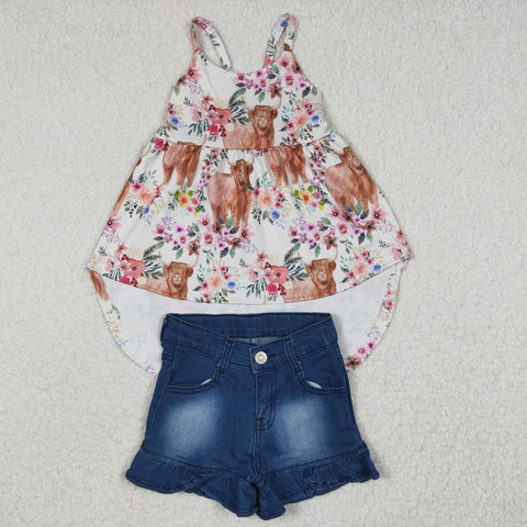 GSSO0264 Summer Cow Flower Blue Ruffles Denim Shorts 2 Pcs Girl's Set