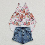 Preorder GSSO0261 Summer Cow Flower Blue Bleach Denim Shorts 2 Pcs Girl's Set