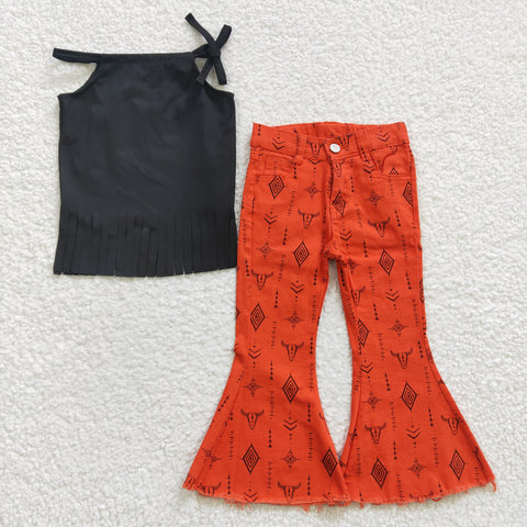 GSPO0561 Fashion Western Tassel Black Suede Shirt Orange Jeans 2 Pcs Girl's Set