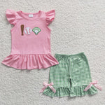 GSSO0205 embroidery Baseball Pink Green Plaid Girl's Shorts Set