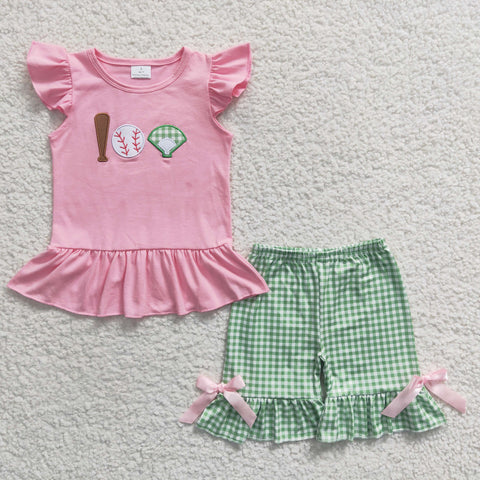 GSSO0205 embroidery Baseball Pink Green Plaid Girl's Shorts Set