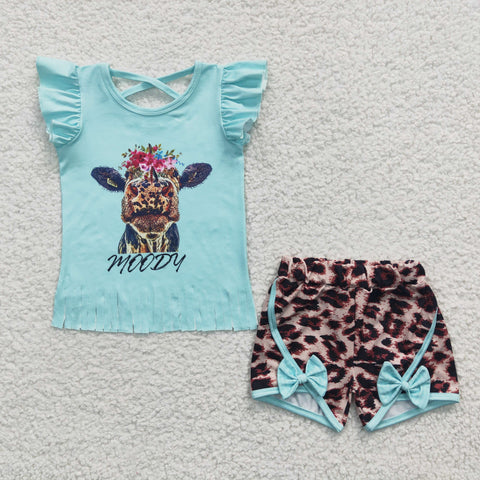 SALE GSSO0197 MOODY Cow Sky Blue Leopard Bow Girl's Shorts Set
