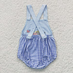 SR0273 embroidery National Day Dog Flag Blue Plaid Baby Boy's Romper