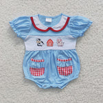 SR0263 embroidery Farm Cow Pig Sky Blue Pig Red Plaid Pockets Baby Cute Girl's Romper