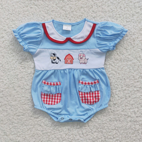 SR0263 embroidery Farm Cow Pig Sky Blue Pig Red Plaid Pockets Baby Cute Girl's Romper