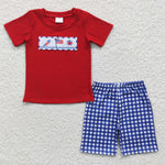 BSSO0176 Embroidery National day Flag Red Blue Plaid Red Boy's Shorts Set