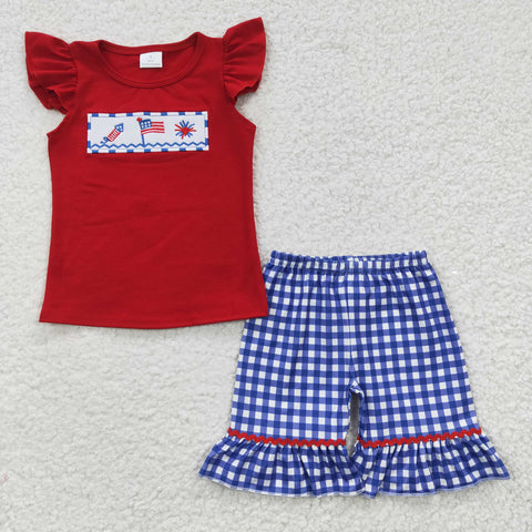 GSSO0193 Embroidery National day Flag Red Blue Plaid Red Girl's Shorts Set