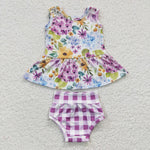 GBO0086 Flower Purple Plaid Girl's Bummie Set