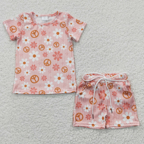 GSSO0228 Flower Pink Girl's Shorts Set Stripe Ribbed Milk Silk