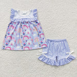 SALE GSSO0214 Summer Rainbow Flower Purple Dots Girl's Shorts Set