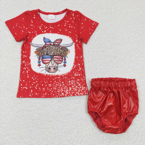 GBO0134 New National Day July 4th Cow Red Leather 2 pcs Girl's Bummie Set