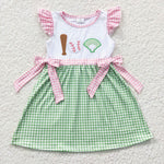 GSD0278 Embroidery Baseball Pink Green Plaid Bow Girl's Dress