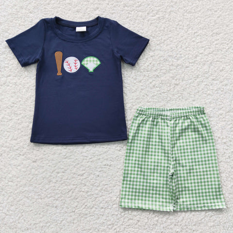 BSSO0194 embroidery Baseball Blue Green Plaid Boy's Shorts Set