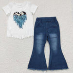 GSPO0575 Western Love Denim Blue Jeans 2 Pcs Girl's Set