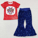 GSPO0574 July 4th National Day Cow Sequin Blue Girl's Set