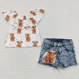 GSSO0186 Summer Fashion Western Cow Floral Denim Shorts 2 Pcs Girl's Set