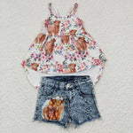 GSSO0277 Summer Western Cow Flower Denim Shorts 2 Pcs Girl's Set