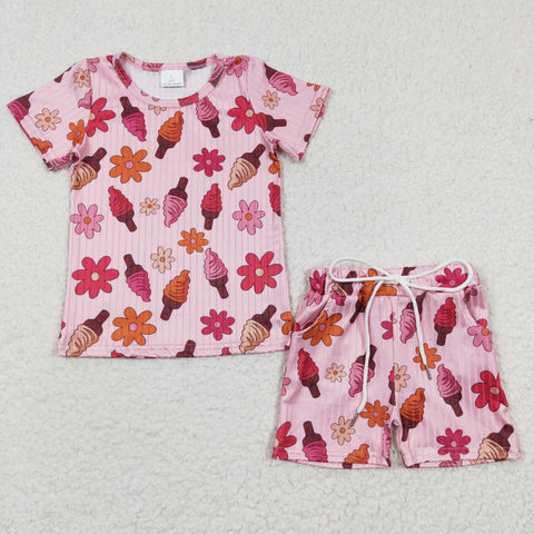 GSSO0230 Ice cream Flower Pink Girl's Shorts Set Ribbed Milk Silk