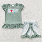 GSSO0189 Embroidery I love mom Green Stripe Girl's Shorts Set