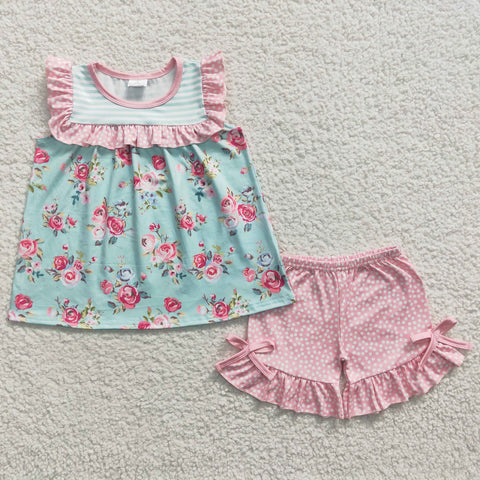 GSSO0215 Summer Flower Mint Pink Stripe Dots Girl's Shorts Set