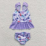 S0037 New Cartoon Mermaid Purple Flower Cute Girl's Swimsuit