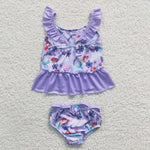 S0037 New Cartoon Mermaid Purple Flower Cute Girl's Swimsuit