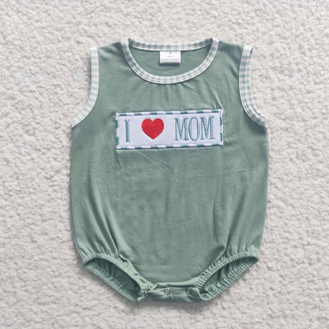 SR0238 Embroidery I love mom Green Stripe Baby Boy's Romper