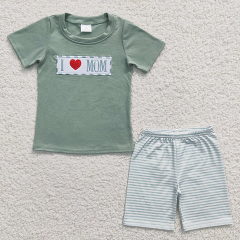 BSSO0173 Embroidery I love mom Green Stripe Boy's Shorts Set
