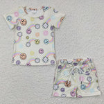 GSSO0229 Rainbow Smiley Flower Girl's Shorts Set Ribbed Stripe Milk Silk