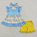 SALE GSSO0220 Summer Blue Flower Yellow Ruffles Girl's Shorts Set