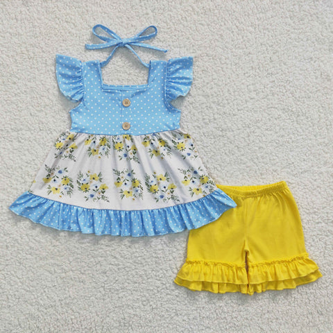 SALE GSSO0220 Summer Blue Flower Yellow Ruffles Girl's Shorts Set