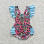 B9-4 Flower Ruffles Blue Pink Girl's Romper