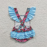 B9-4 Flower Ruffles Blue Pink Girl's Romper