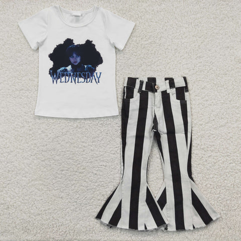 GSPO0534 WEDNESDAY Black Stripe Jeans 2 Pcs Girl's Set