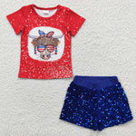 GSSO0282 Summer July 4th National Day Cow Sequin Blue Shorts 2 Pcs Girl's Set