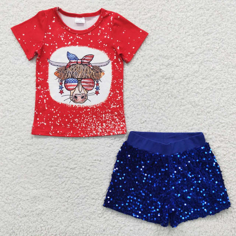 GSSO0282 Summer July 4th National Day Cow Sequin Blue Shorts 2 Pcs Girl's Set